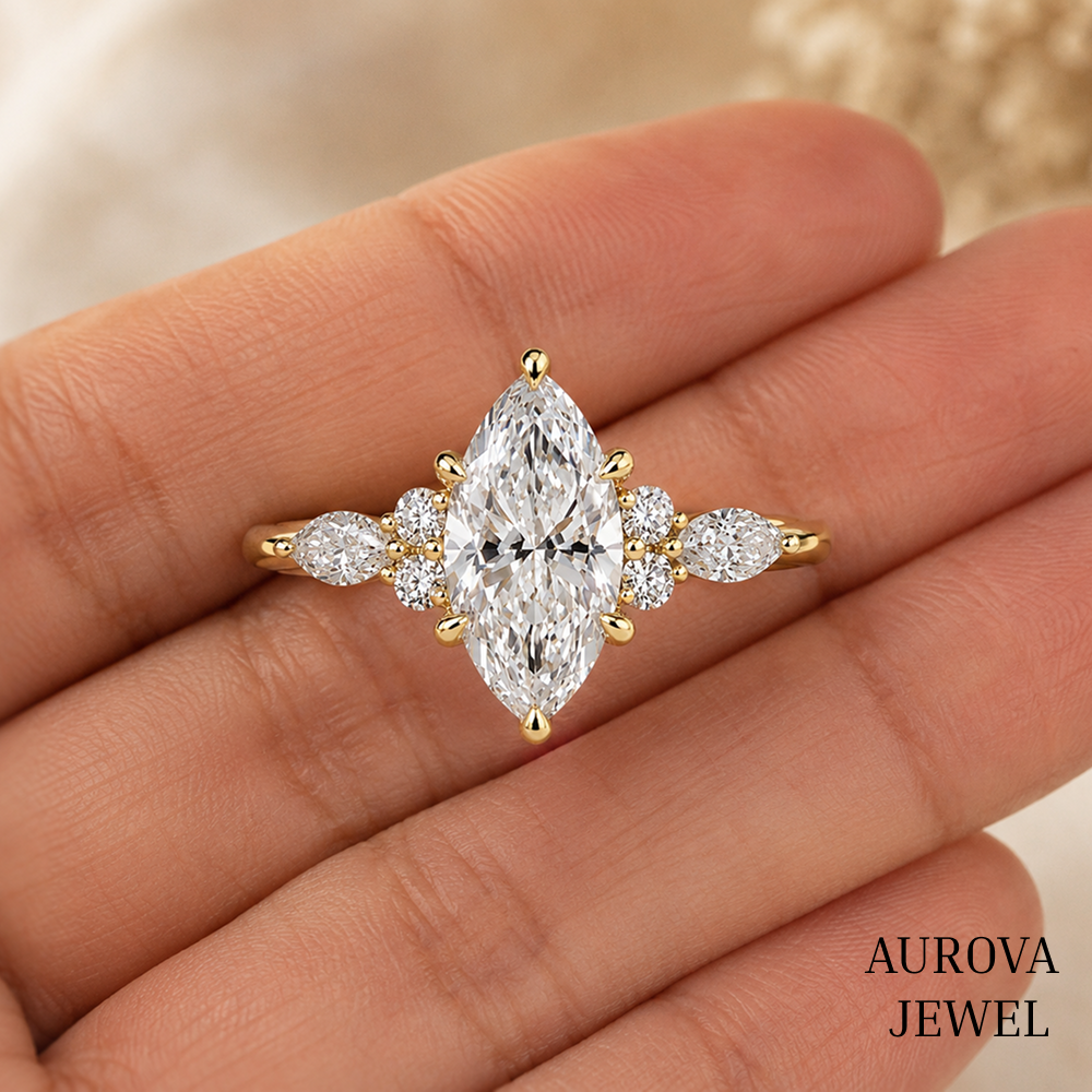 Marquise Diamond Engagement Ring, 14K Solid Gold Cluster Setting, Pear Side Stones, Unique Bridal Jewelry, Anniversary Gift for Her