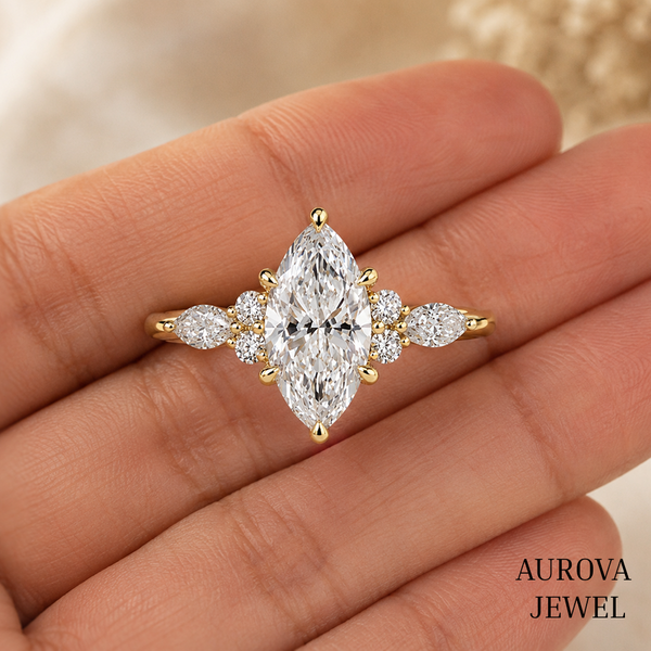 Marquise Diamond Engagement Ring, 14K Solid Gold Cluster Setting, Pear Side Stones, Unique Bridal Jewelry, Anniversary Gift for Her