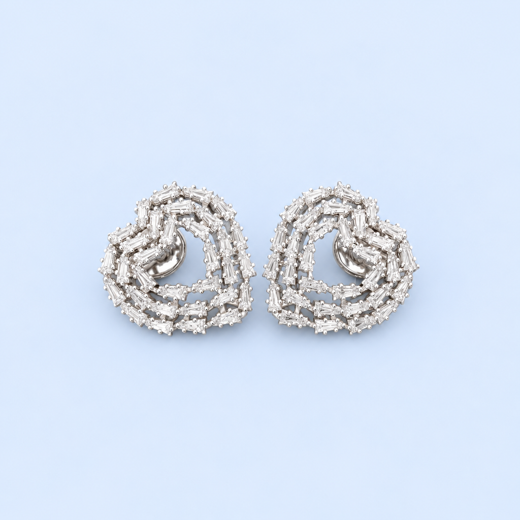 Elegant Baguette Cut Diamond-Style Stud Earrings for Women | Luxury Heart-Shaped Knot Design with Sparkling Baguette and Round Cut Stones