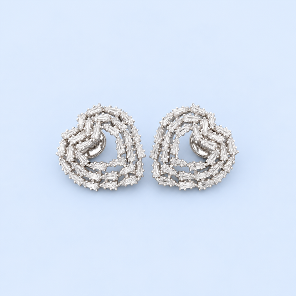 Elegant Baguette Cut Diamond-Style Stud Earrings for Women | Luxury Heart-Shaped Knot Design with Sparkling Baguette and Round Cut Stones