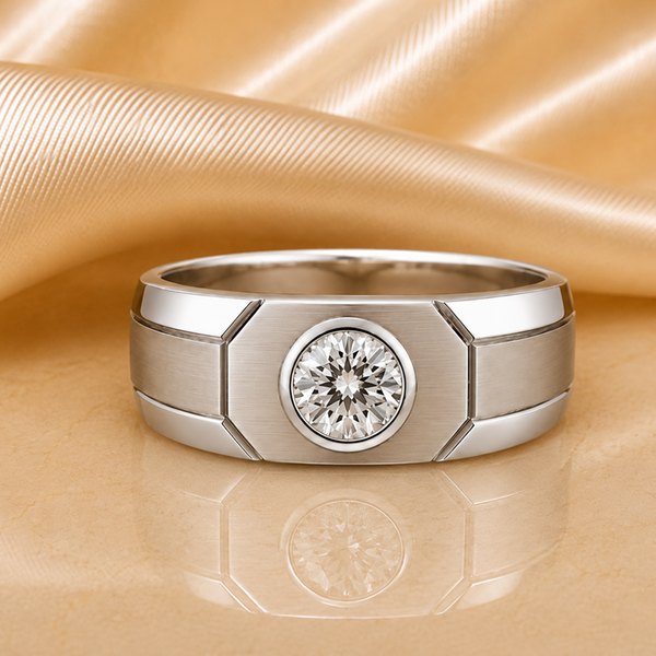 Men's Diamond Ring, Round Cut Bezel Diamond Ring, Solid Gold Wedding Band, Men's Engagement Ring, Anniversary Gift for Husband