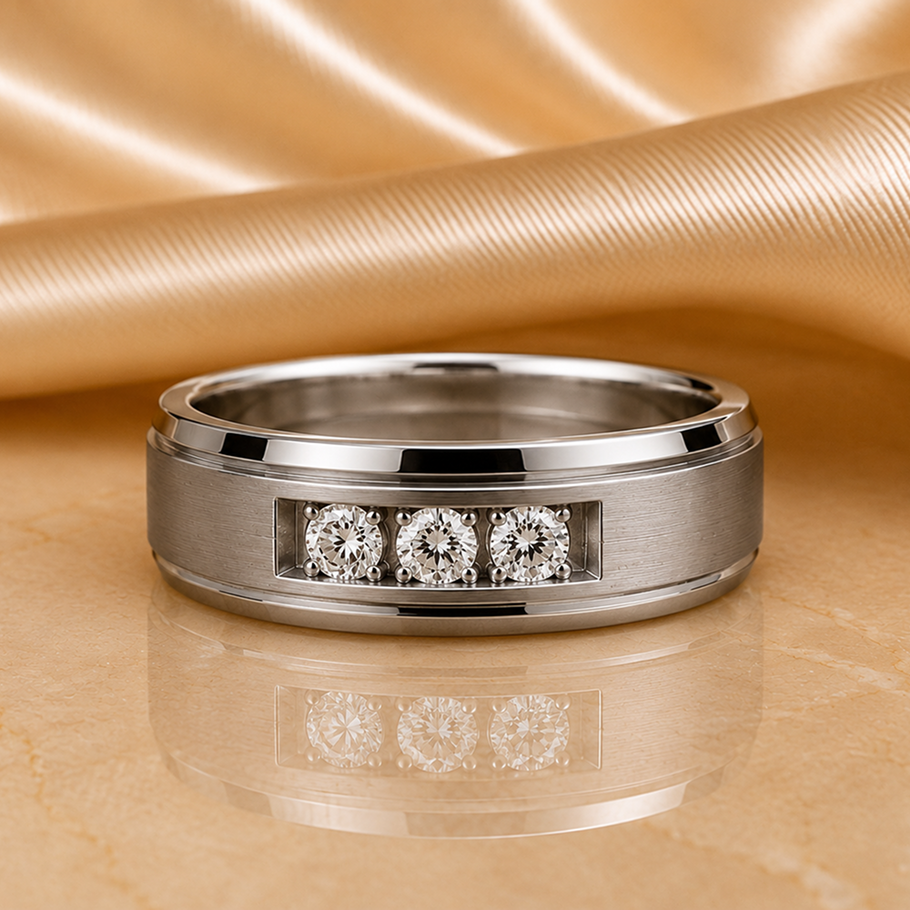 Men's 3 Stone Diamond Ring, Round Cut Diamond Wedding Band, Solid Gold Men's Engagement Ring, Anniversary Gift for Husband Secondary image