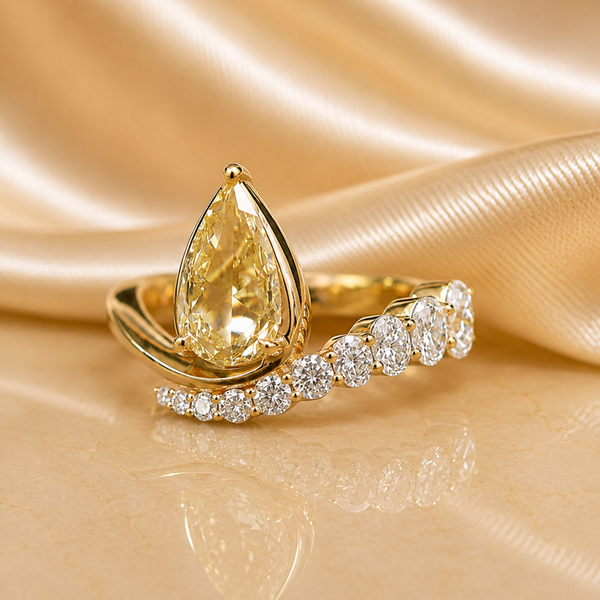 Pear Cut Yellow Diamond Ring, 14K Solid Gold Engagement Ring, Curved Diamond Wedding Band, Unique Bridal Ring, Anniversary Gift for Her