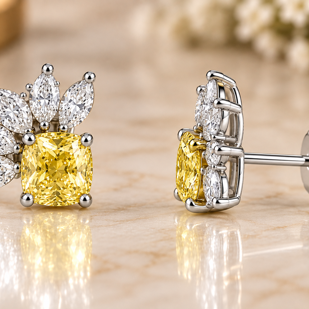 Yellow Cushion Diamond Stud Earrings, Marquise Cluster Floral Studs, 14K Gold Bridal Jewelry, Anniversary Gift for Her