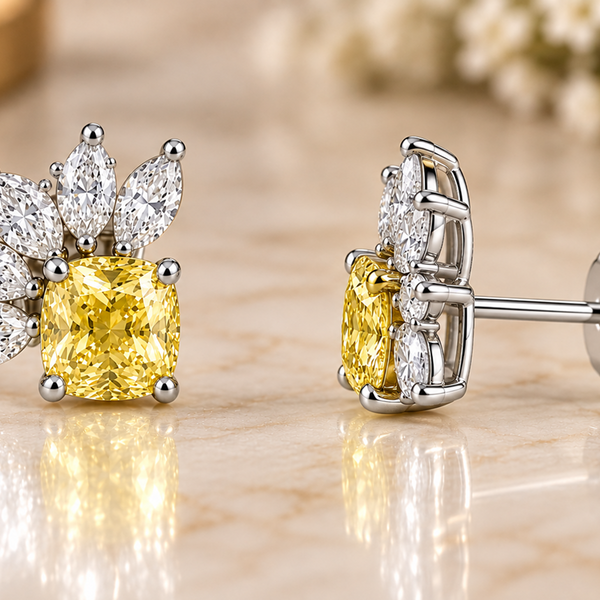 Yellow Cushion Diamond Stud Earrings, Marquise Cluster Floral Studs, 14K Gold Bridal Jewelry, Anniversary Gift for Her