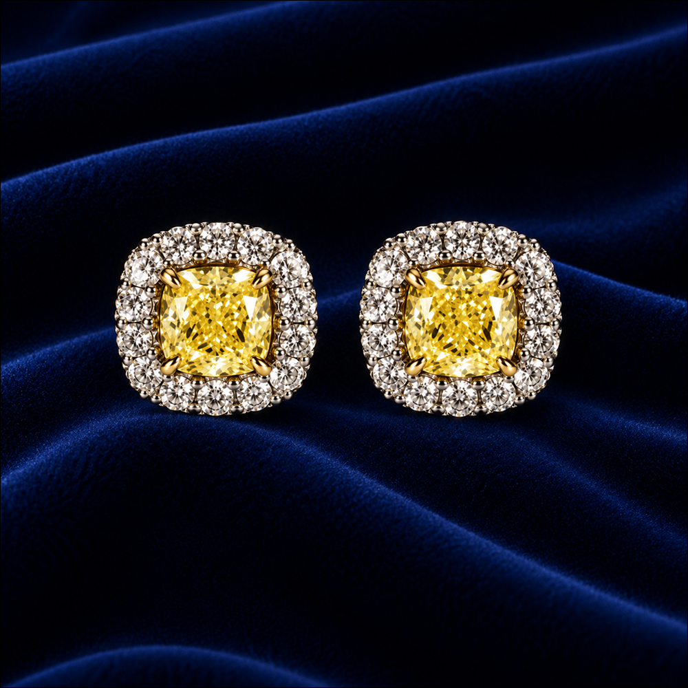 Yellow Cushion Diamond Stud Earrings, Halo Setting, 14K Solid Gold Bridal Jewelry, Luxury Anniversary Gift for Her, Wedding Earrings