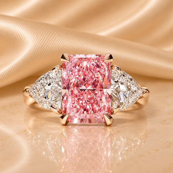 Pink Radiant Cut Engagement Ring, Three Stone Diamond Ring, Pear Side Stones, Unique Bridal Gift for Her
