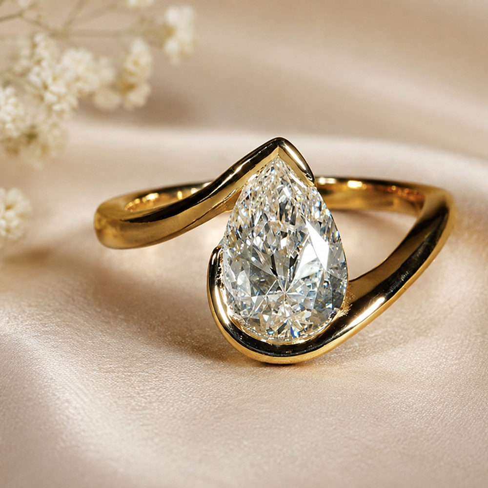 Pear Diamond Engagement Ring, 14K Solid Gold Bezel Solitaire, Modern Bypass Bridal Jewelry, Unique Anniversary Gift for Her