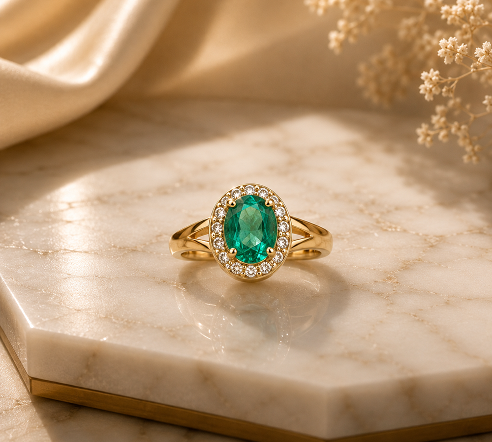 Oval Emerald Halo Engagement Ring | Diamond Halo Gold Ring Main image