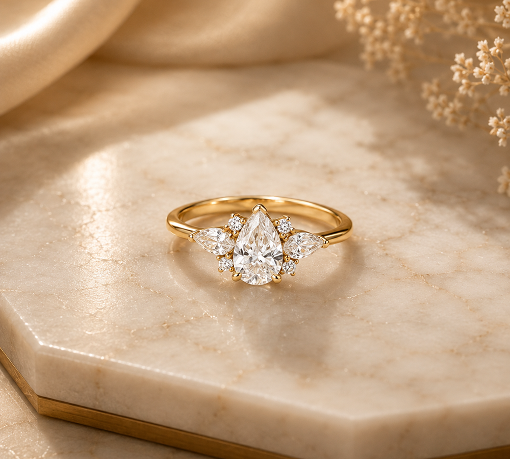 Pear Cut Diamond Three Stone Engagement Ring | Gold Promise Ring Main image