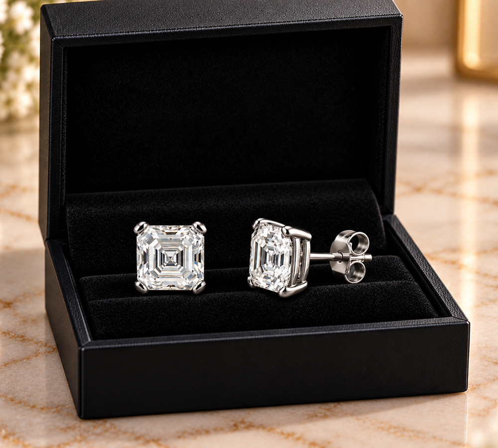 Asscher Cut Diamond Stud Earrings, 14K White Gold Solitaire Studs, Minimalist Bridal Jewelry, Gift for Her Main image