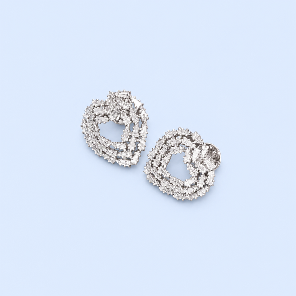 Elegant Baguette Cut Diamond-Style Stud Earrings for Women | Luxury Heart-Shaped Knot Design with Sparkling Baguette and Round Cut Stones
