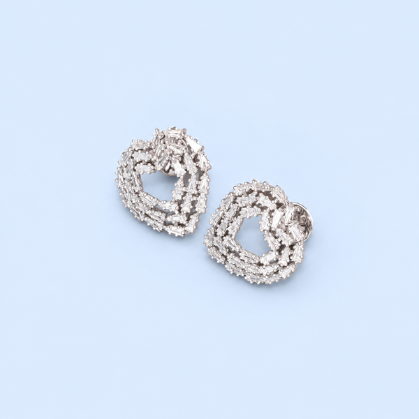 Elegant Baguette Cut Diamond-Style Stud Earrings for Women | Luxury Heart-Shaped Knot Design with Sparkling Baguette and Round Cut Stones