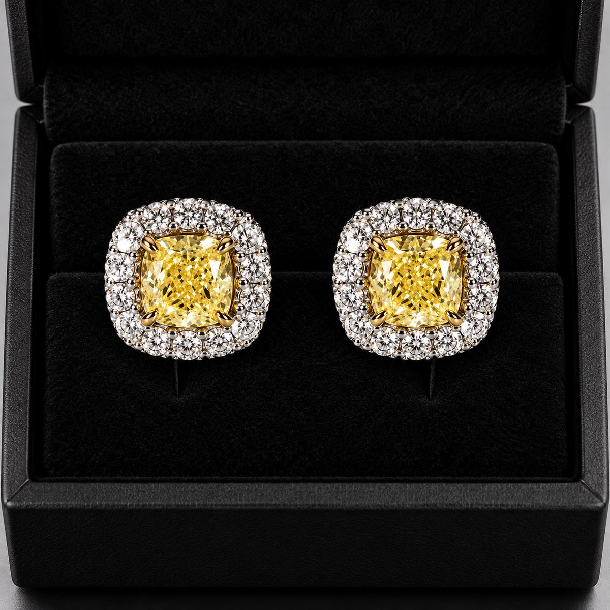 Yellow Cushion Diamond Stud Earrings, Halo Setting, 14K Solid Gold Bridal Jewelry, Luxury Anniversary Gift for Her, Wedding Earrings