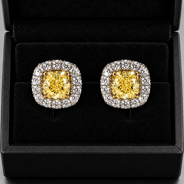 Yellow Cushion Diamond Stud Earrings, Halo Setting, 14K Solid Gold Bridal Jewelry, Luxury Anniversary Gift for Her, Wedding Earrings
