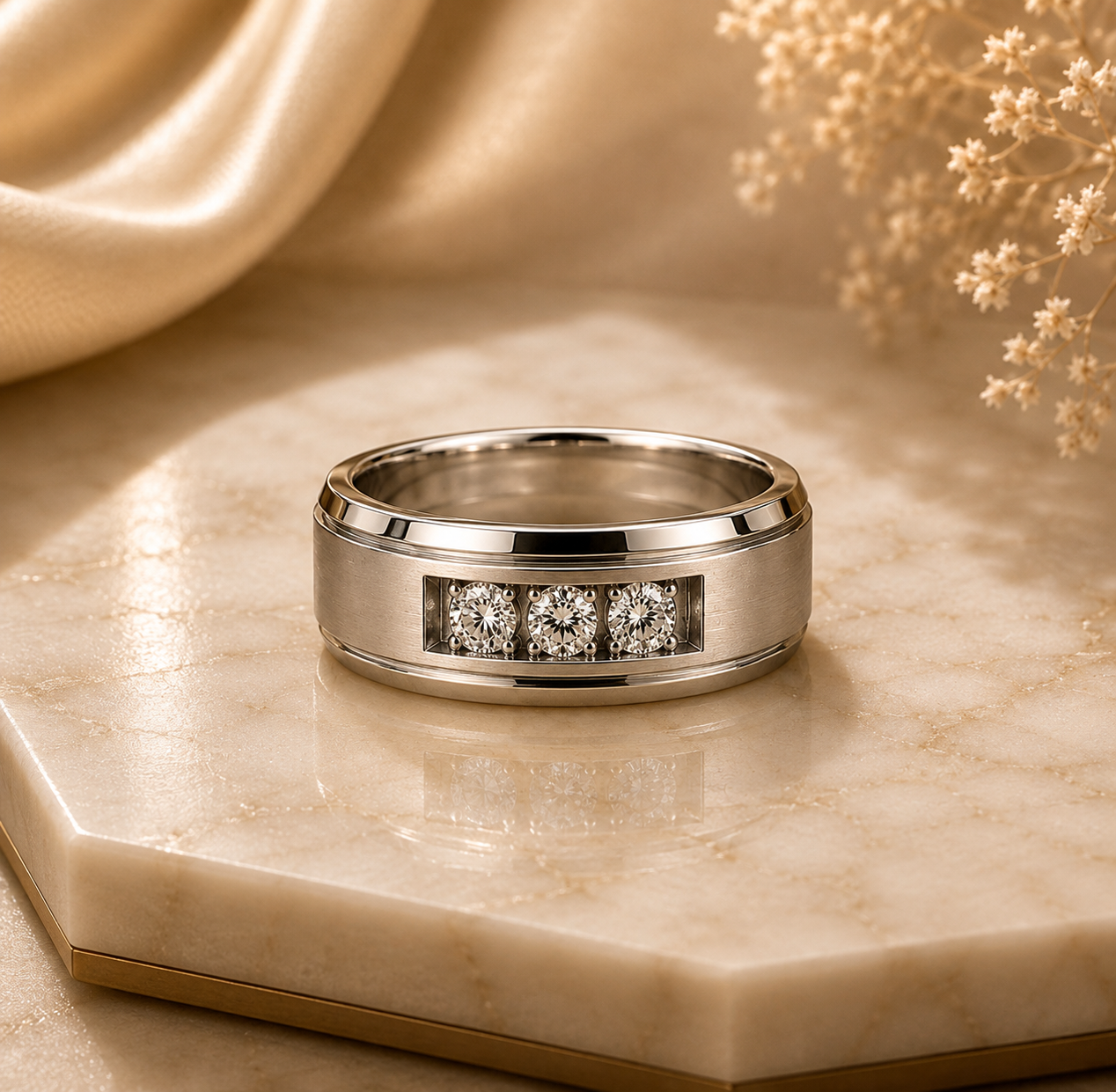 Men's 3 Stone Diamond Ring, Round Cut Diamond Wedding Band, Solid Gold Men's Engagement Ring, Anniversary Gift for Husband Main image