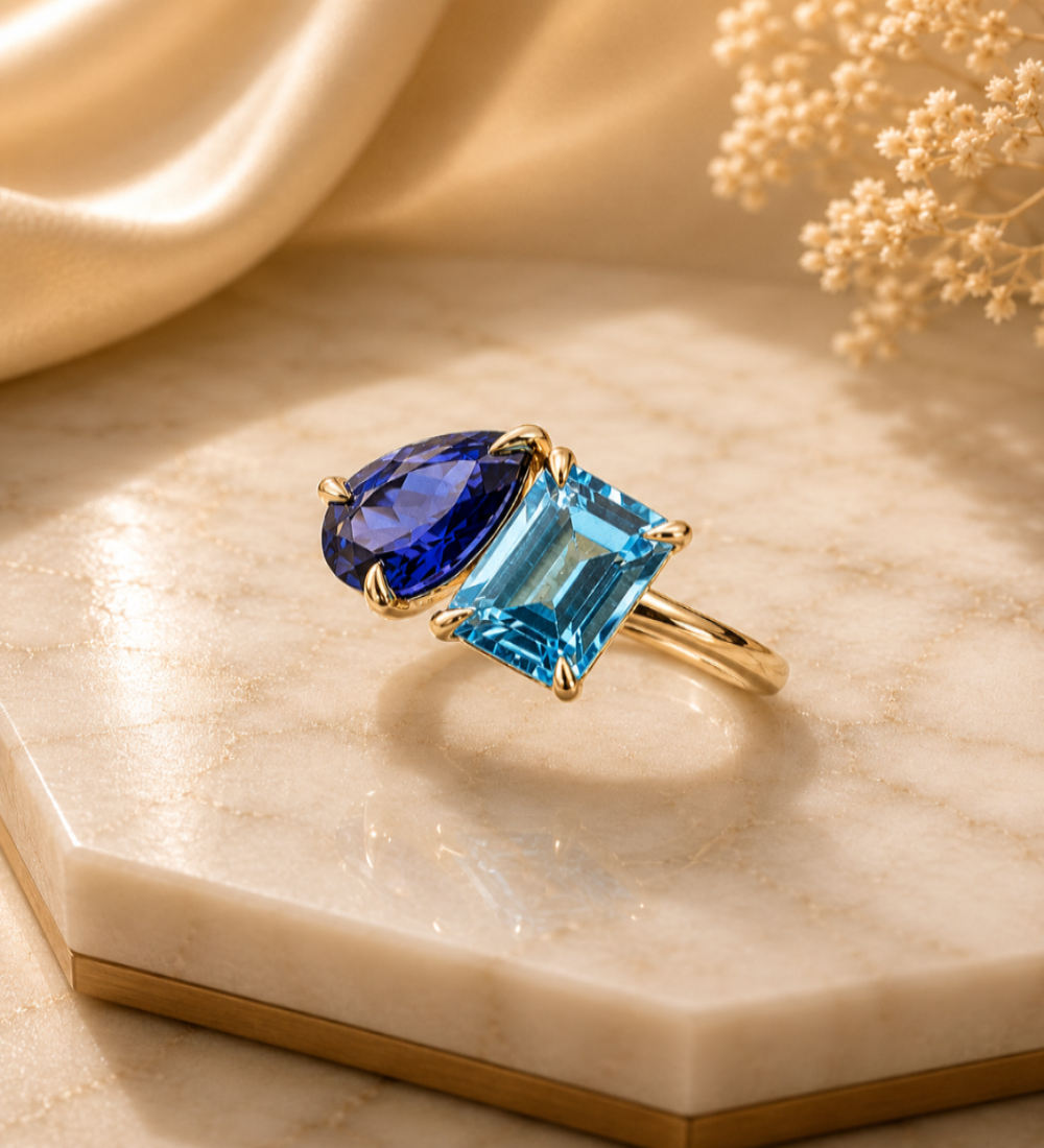 Toi et Moi Blue Sapphire & Aquamarine Ring in Gold – Pear and Emerald Cut Gemstone Statement Ring | Aurova Jewel
