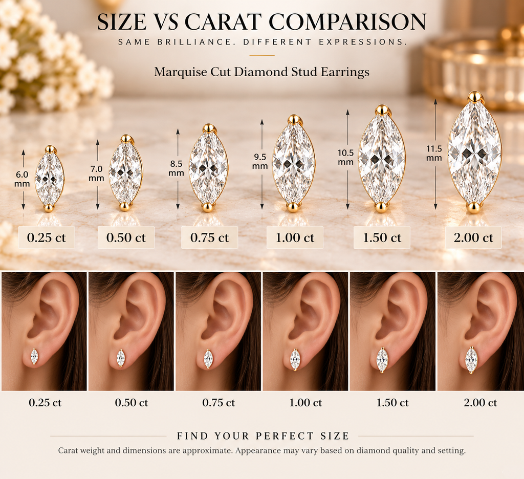 Marquise Diamond Stud Earrings, 14K Solid Gold Solitaire Studs, Minimalist Bridal Jewelry, Anniversary Gift