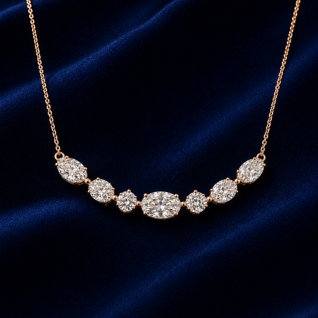 Oval Diamond Necklace, 14K Solid Gold Seven Stone Pendant, Graduated Bridal Jewelry, Minimalist Anniversary Gift for Her