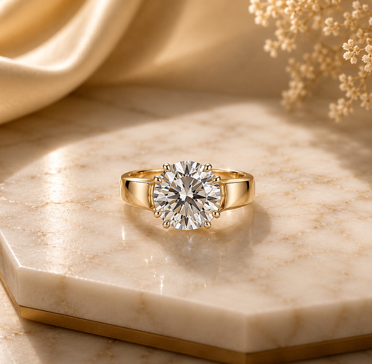 Round Solitaire Diamond Signet Ring in 14K Yellow Gold | Lab-Grown Diamond Ring Main image