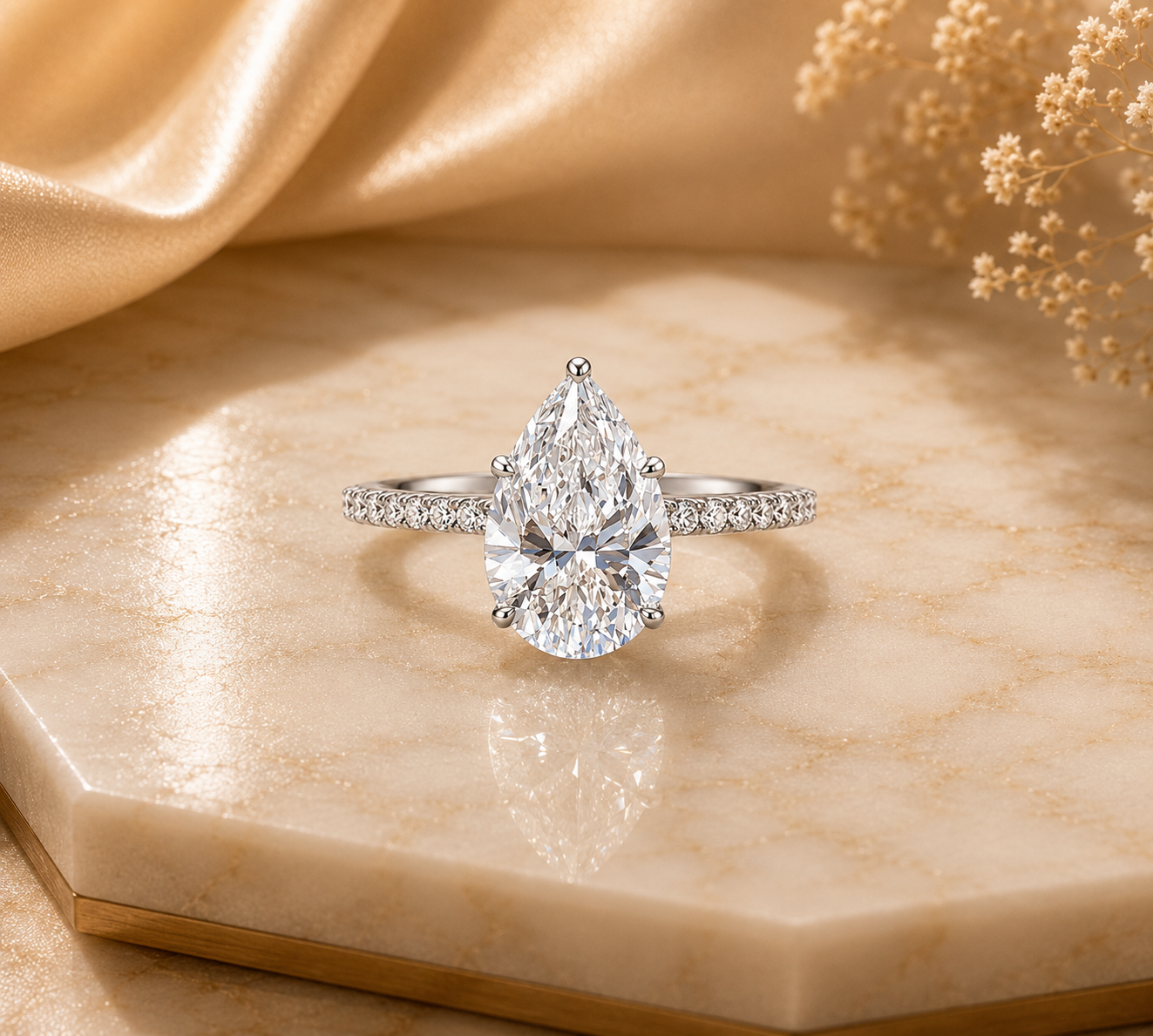 Pear Cut Diamond Engagement Ring | Elegant Halo Pavé Diamond Ring Main image