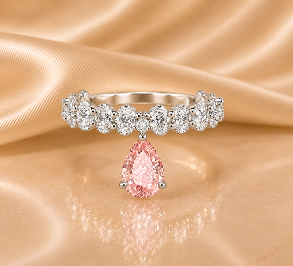 Pink Pear Diamond Ring, 14K Solid Gold Dangle Ring, Oval & Round Stones, Unique Bridal Jewelry, Anniversary Gift for Her