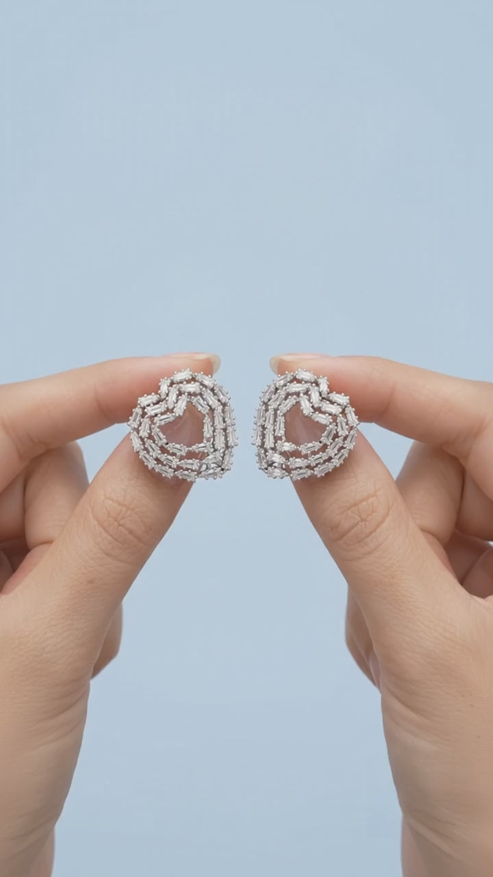Elegant Baguette Cut Diamond-Style Stud Earrings for Women | Luxury Heart-Shaped Knot Design with Sparkling Baguette and Round Cut Stones