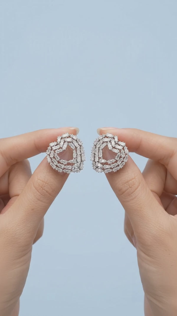 Elegant Baguette Cut Diamond-Style Stud Earrings for Women | Luxury Heart-Shaped Knot Design with Sparkling Baguette and Round Cut Stones