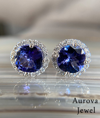 Round Tanzanite Halo Stud Earrings in White Gold