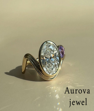 Oval Bezel Set Engagement Ring 3 CT – Designer Wave Band Gold Ring with Amethyst Accent