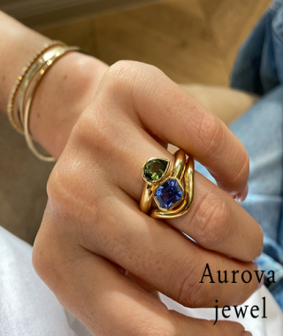 Dual Stone Designer Ring with Blue Hexagon & Green Pear Cut Gemstones in Yellow Gold