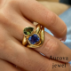Luxury Blue Sapphire and Green Diamond Toi et Moi Statement Ring in 14K Yellow Gold – Modern Sculptural Designer Gemstone Ring for Women