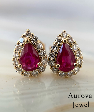 Luxury Pear Cut Ruby and Diamond Halo Stud Earrings in 14K Yellow Gold – Classic Gemstone Earrings for Women