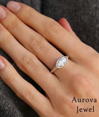 Luxury Marquise Cut Bezel Set Diamond Engagement Ring in 14K White Gold &ndash; Minimalist Solitaire Bridal Ring for Women