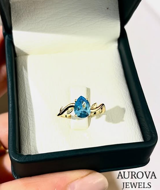 Luxury Pear Cut Blue Topaz and Diamond Accent Ring in 14K Yellow Gold &ndash; Vintage Inspired Gemstone Engagement Ring for Women