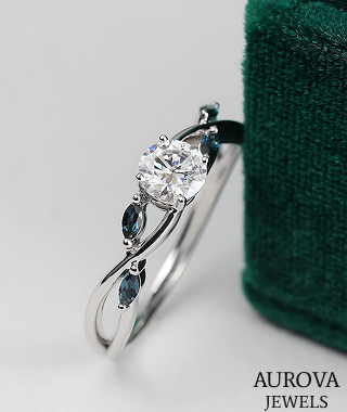 Luxury Round Diamond Engagement Ring with Blue Marquise Diamond Accents in 14K White Gold &ndash; Nature Inspired Bridal Ring for Women