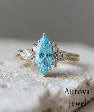 Vintage Marquise-Cut Sky Blue Engraved Gemstone Halo Engagement Ring in White Gold