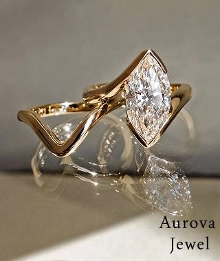 Luxury Marquise Cut Bezel Set Solitaire Diamond Ring in 14K Yellow Gold – Modern Sculptural Wave Engagement Ring for Women