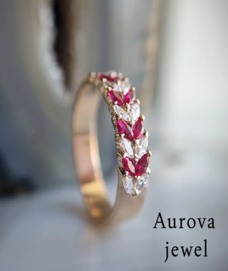 2.20 ct Luxury Ruby and Marquise Diamond Eternity Band Ring in 14K Rose Gold – Vintage Inspired Half Eternity Wedding Ring for Women